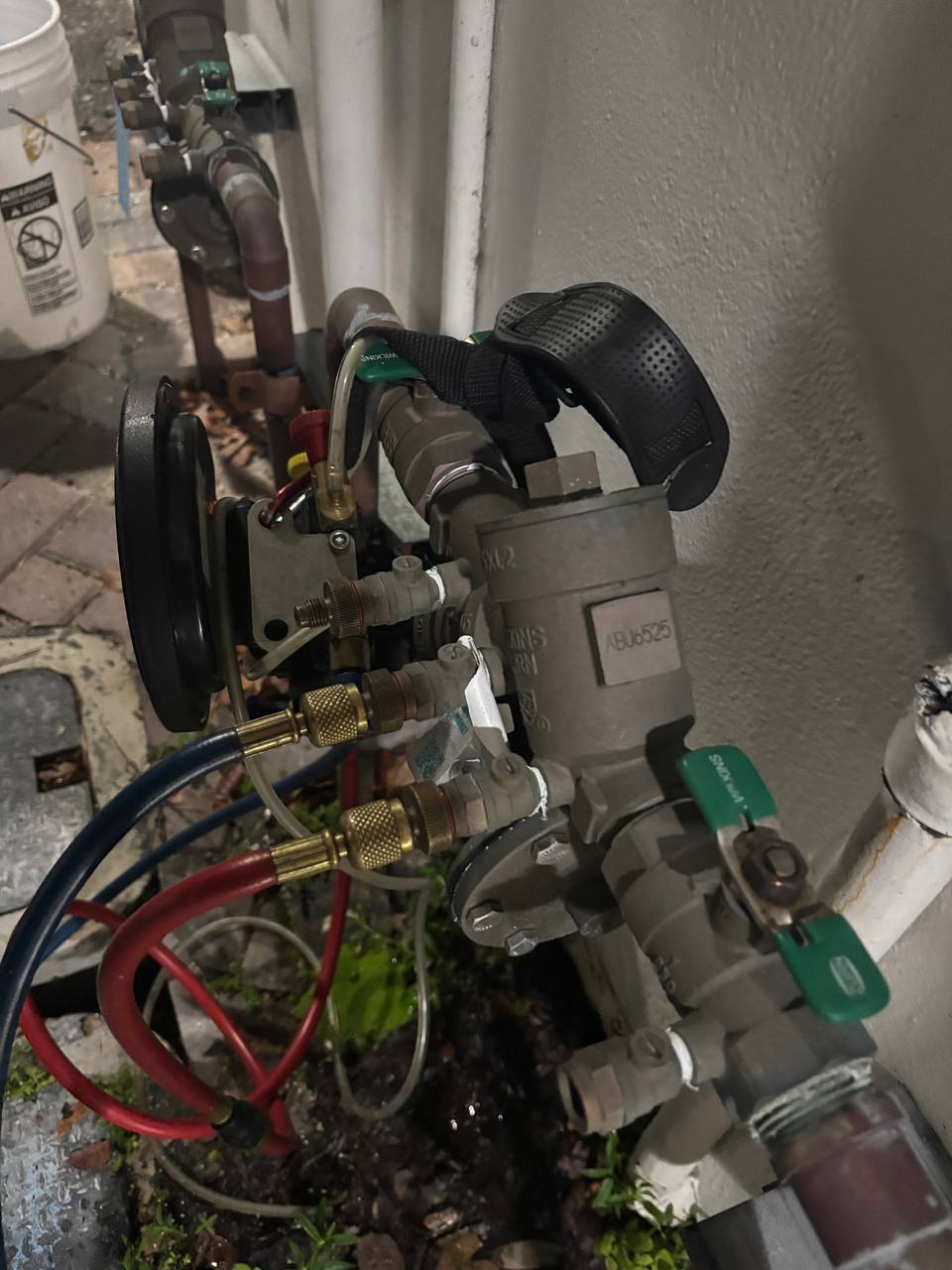 Backflow preventer under test with gauges hooked up