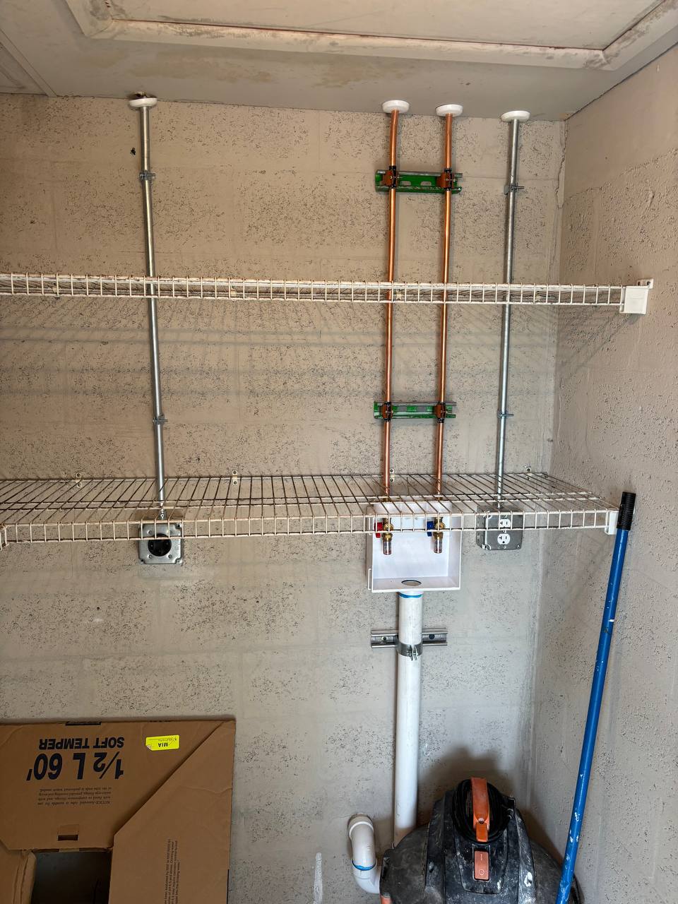 Laundry box with copper, galvanized, and PVC rough-in